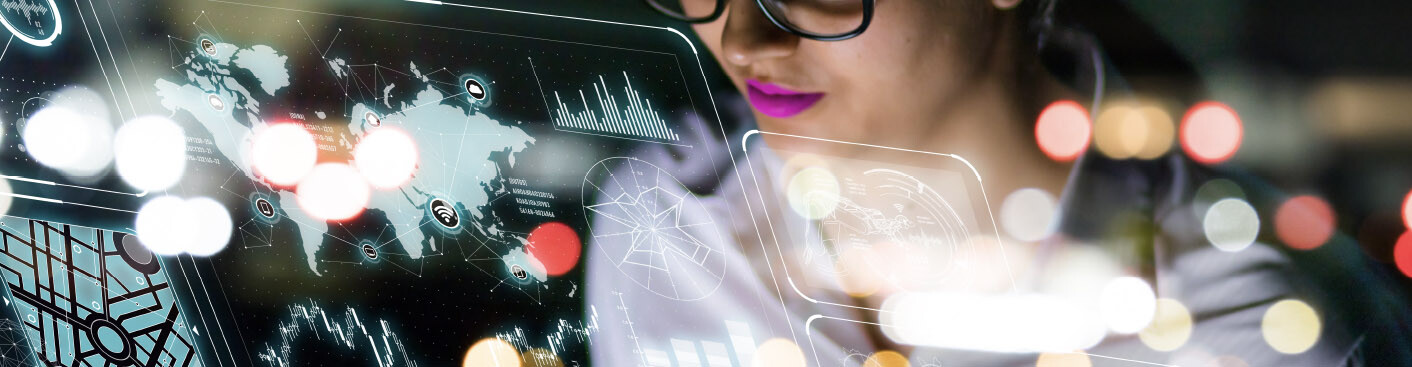 Women with pink lipstick looking at a screen Graphic